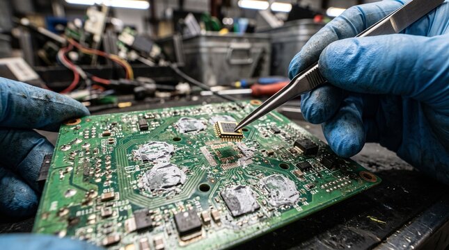 Close up of gloved hands using tweezers to place a gold microchip onto a green printed circuit board, electronics repair, computer technology, hardware engineering.