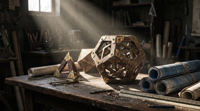 Intricate wooden geometric shapes and rolled blueprints rest on a dusty workbench illuminated by sunlight. creative design, architectural planning, vintage craftsmanship.