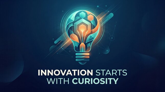 A glowing lightbulb made of geometric shapes shines above a motivational quote about innovation and curiosity. creative thinking, technological progress, modern design.