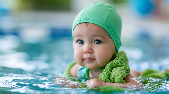 Baby swimmer enjoying water introduction in calm pool setting, infant aquatic concept, baby swimming photography, blurred pool background, with copy space
