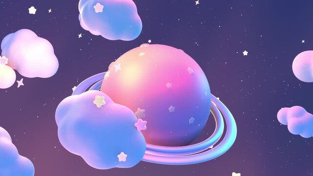 Dreamy planet rotating gently, surrounded by pastel clouds and stars animation. (loop)