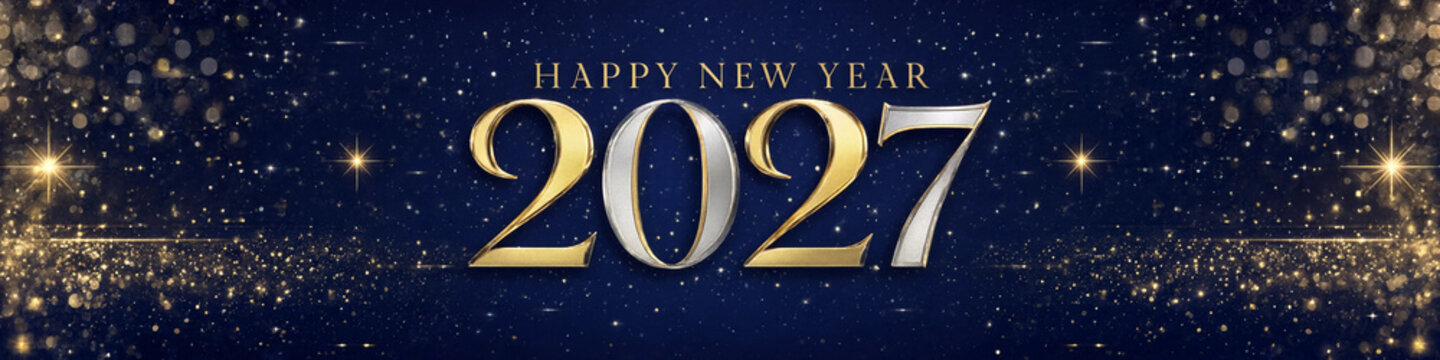 Luxury Corporate Gala 2027 New Year Banner. Gold and Silver Numbers on Blue Glitter Background.