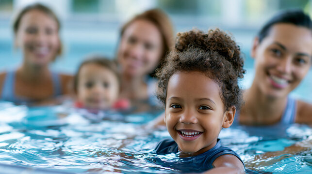 Group of mothers with young children in children's swimming class with coach, parent-child aquatic education concept, swimming lesson photography, blurred pool background, with