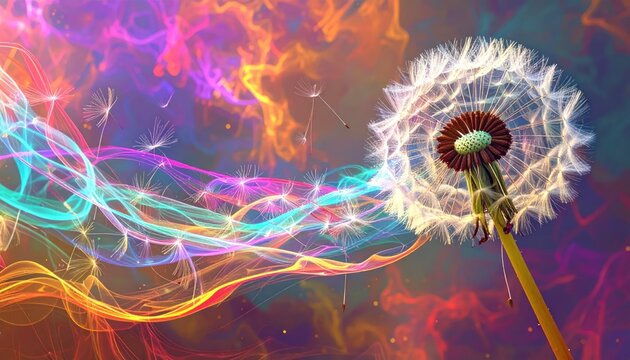Vibrant digital art with a dandelion head exploding into colorful, swirling energy