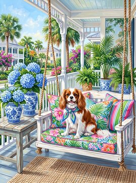 Cavalier King Charles Spaniel sitting comfortably on a decorated porch swing with vibrant floral cushions, overlooking a tropical garden and ornate Chinoiserie vases