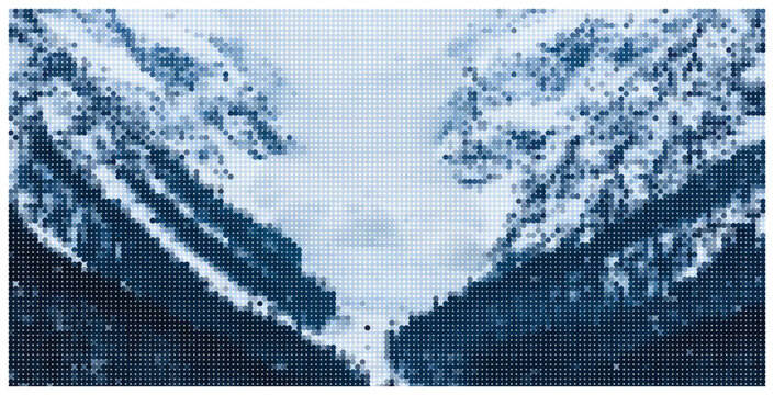 Abstract halftone mountain valley scene with snowy peaks and deep canyons.