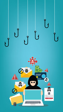 Hacker with laptop computer stealing confidential data, personal information and credit card detail. Hacking concept.	
