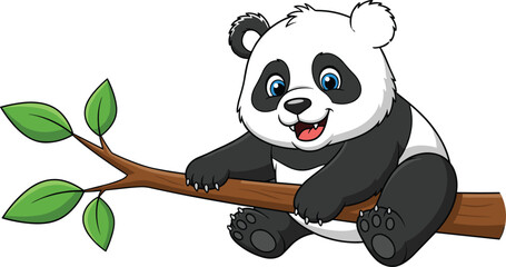 Cartoon panda sitting on tree, happy bear character, cute animal illustration, playful panda pose, nature branch, green leaves, smiling © Amazing2026