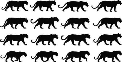 Panther silhouette set with 16 identical walking poses in bold black style for wildlife design © Amazing2026