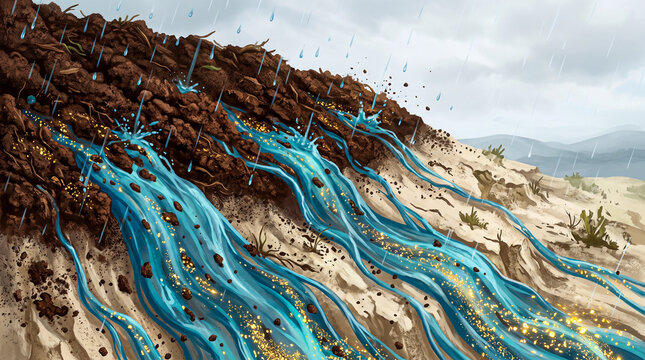 Rich brown soil thinning blue rain runoff gold nutrients washing away pale overcast, soil erosion