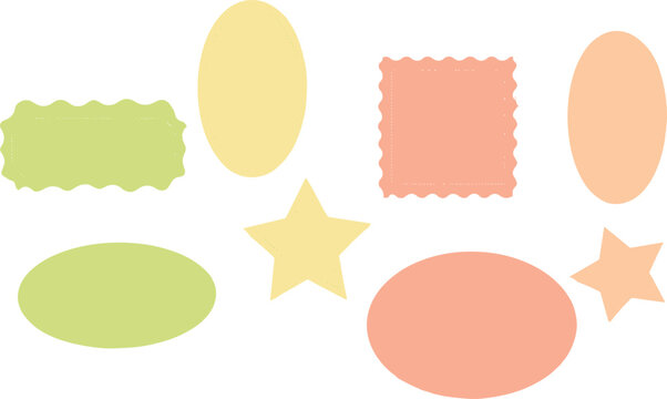 Pastel geometric label shapes set, colorful stars, ovals, rectangles, decorative tags, abstract design elements, vector illustration