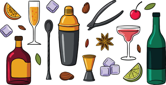 Bar cocktail tools and drink ingredients set for professional bartender and mixology design