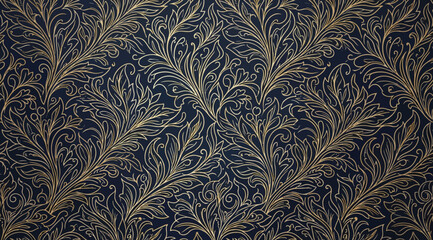 Intricate gold floral pattern on a dark navy blue background, luxurious botanical wallpaper design with detailed swirling leaves and ornate organic lines © Saharia