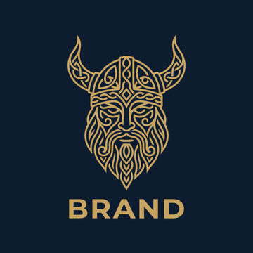 Golden viking warrior head logo design.