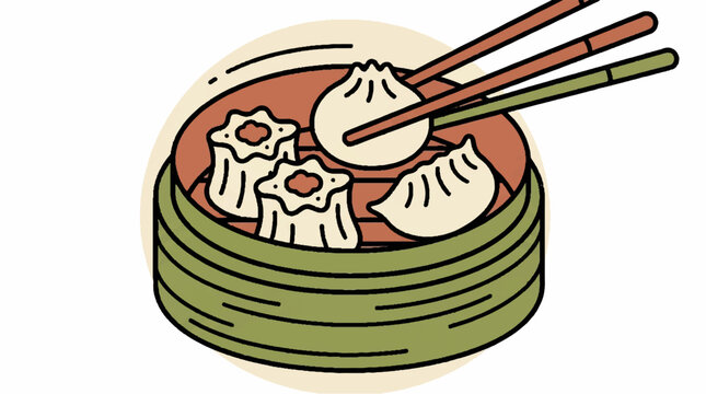 Chinese Dim Sum Dumplings in Bamboo Steamer Basket with Chopsticks, Vector Illustration