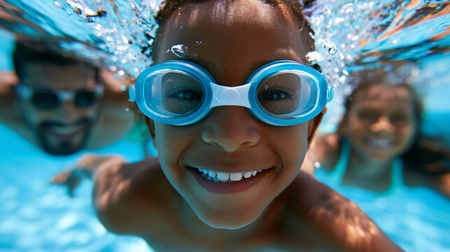 Happy family in swimming pool with smiling child in goggles diving and jumping underwater, healthy lifestyle concept, family water sport photography, blurred pool background, with