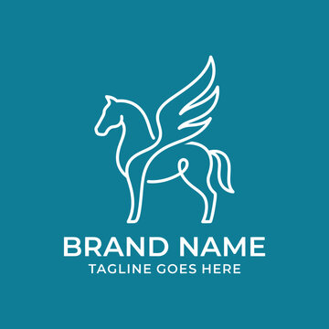 Elegant white pegasus mythical horse line art logo.