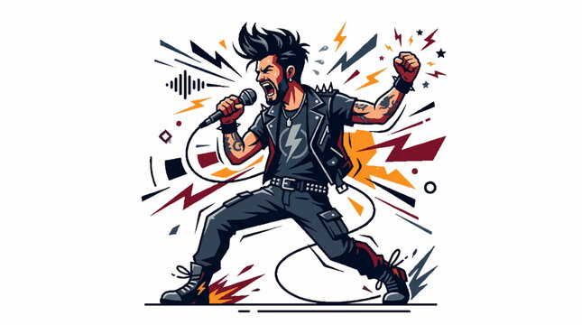Energetic Rock Singer Performing with Microphone, Expressive, Dynamic Movement