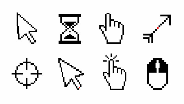 Pixelated cursor arrow, hourglass, hand, resize, target, and isolated on transparent background png