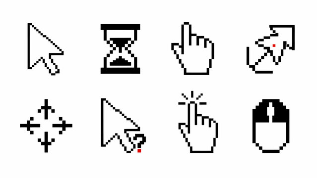 Classic pixel cursor arrow, hourglass, hand, resize, target, and isolated on transparent background png