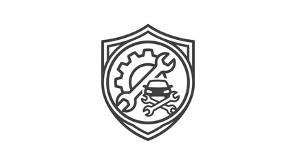 Obraz premium Creative Black and White Shield Logo Featuring Gear Wrench and Car Wheel for Auto Repair or Mechanic Branding