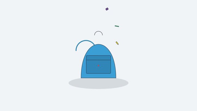 Minimalist blue school backpack animation with floating icons