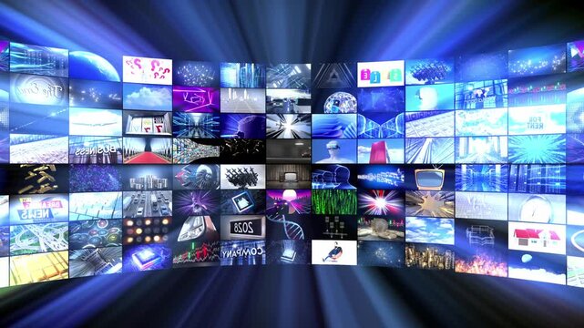 Media Wall with Video Content and Light Rays - 3d 4k animation (3840 x 2160 px)