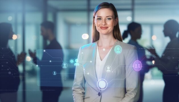 Smiling businesswoman stands confidently in front of digital network icons overlaid on a blurry office background.