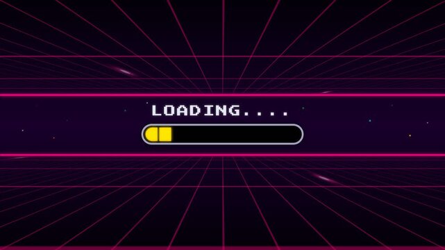 Retro Synthwave Pixel Loading Screen Animation with Neon Progress Bar