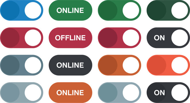 Toggle button icon set, on off switch symbols, online offline status controls, user interface, mobile applications, website dashboard, navigation.