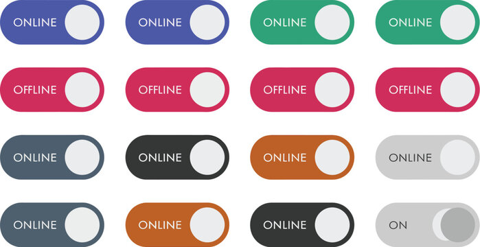 Toggle button icon set, online and offline status switches, on off controls, user interface elements, application settings, dashboard navigation, design.