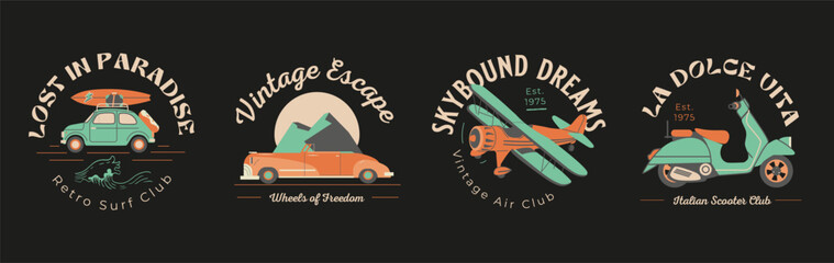 Vintage travel emblem collection featuring a surf wagon, convertible car, biplane and Italian scooter in retro style. Perfect for apparel, stickers, branding and adventure designs. © Andrey