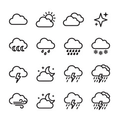 Obraz premium Various weather icons in simple line art style on white background representing climate conditions and forecasting elements