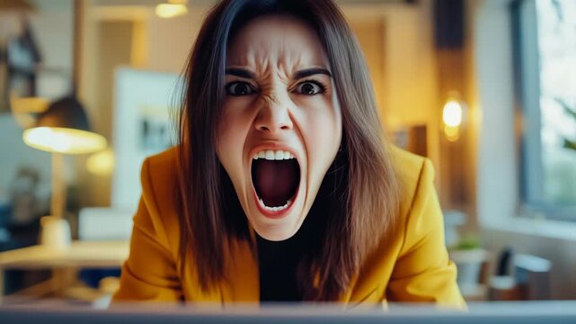 A woman with dark hair is visibly upset and yelling. She's wearing a yellow blazer. The office setting suggests a workplace scenario.