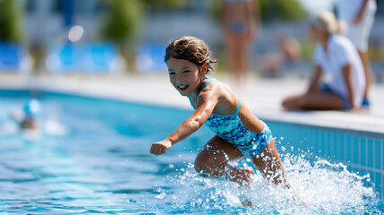 Naklejka premium Child confidently jumping into pool during swimming lesson with instructor supervision, youth aquatic confidence concept, swimming photography, blurred pool background, with copy