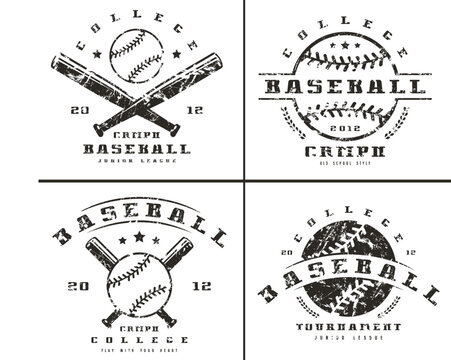 Set of four vintage baseball emblems with crossed bats, balls, stars, and distressed typography text