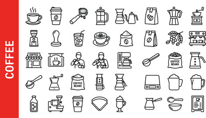 Fototapeta premium Comprehensive Set of Professional Coffee Making Equipment and Cafe Beverage Preparation Outline Icons for Barista Manuals and Digital Menus