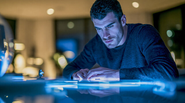 Young man sitting at a minimalist office desk with a pixelated glitched face from digital overload