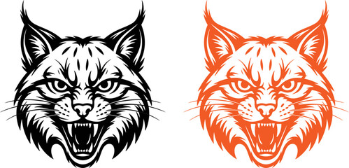 Angry bobcat head illustrations in black and orange on white background © SAYEDAJANNATUL