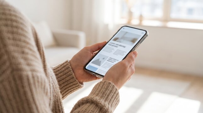 Chest-Down View of Person in Knitted Sweater Holding Modern Bezel-Less Smartphone in Sunlit Room, Highlighting Digital Media Consumption, Minimalist Smart Technology, and Cozy Morning Routine Concepts