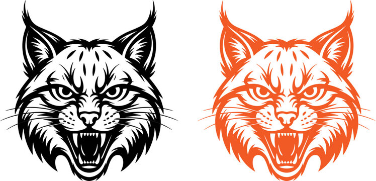 Angry bobcat head illustrations in black and orange on white background