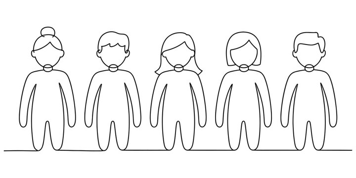 Continuous one line drawing of a group of diverse people standing together in a row as a team representing unity and community social connection concept Vector, illustration