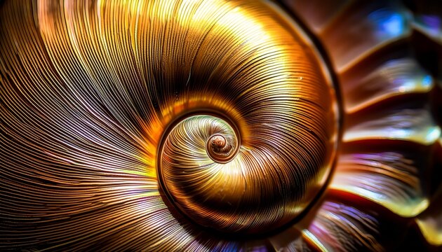 Extreme Macro Of Nautilus Shell Golden Spiral With Dramatic Side Lighting And Iridescent Nacre