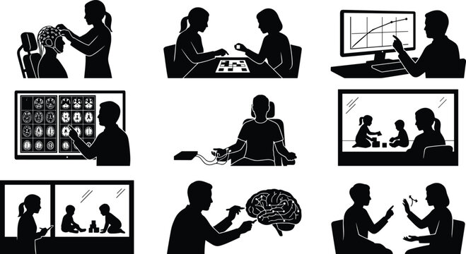 Collection of Black Silhouettes Featuring Neuroscience, Child Development, and Clinical Research Activities
