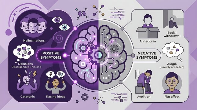 Infographic showing positive and negative symptoms of schizophrenia
