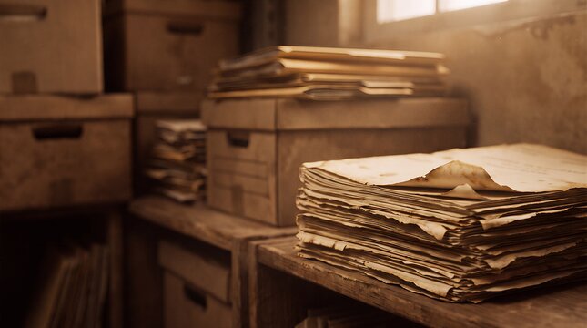 Stack of old aged documents in dimly lit archive room with documents research documentation basement cardboard forgotten yellowed manuscript information business