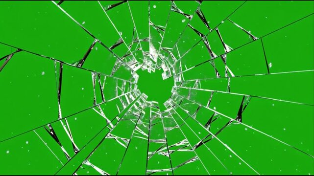 Broken glass window shattering on green screen background