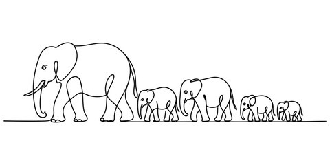 Continuous single line drawing of an elephant family walking together in a row as a group of wild animals in a cute and minimalist art style design Vector, illustration © Pabon Art Gallery