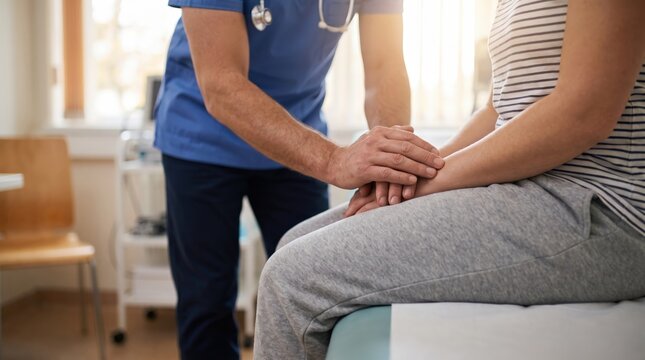 Torso-Down View of Doctor in Blue Scrubs Placing Bare Hand Over Patients Hands on Examination Table, Highlighting Medical Care Support, Empathetic Patient Reassurance, and Professional Healthcare 