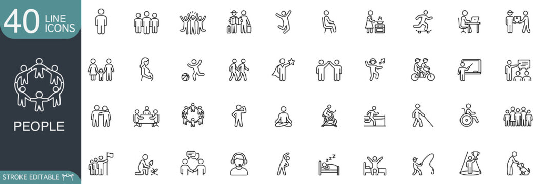 People line icon vector set featuring diverse human activities, daily routine, lifestyle, family, and work symbols with editable stroke